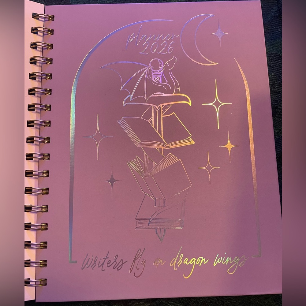 📚 Hardcover 2026 Lavender Spiral Planner with Holographic Dragon & Books